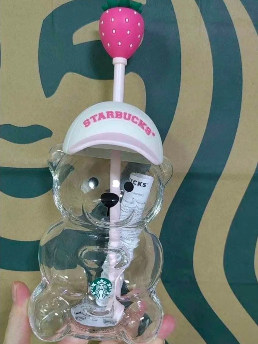 Starbucks Clear Bear Cup with Pink Strawberry Straw